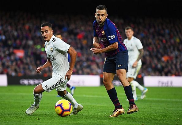 Alba battling for possession with Real's Lucas Vazquez during a memorable display